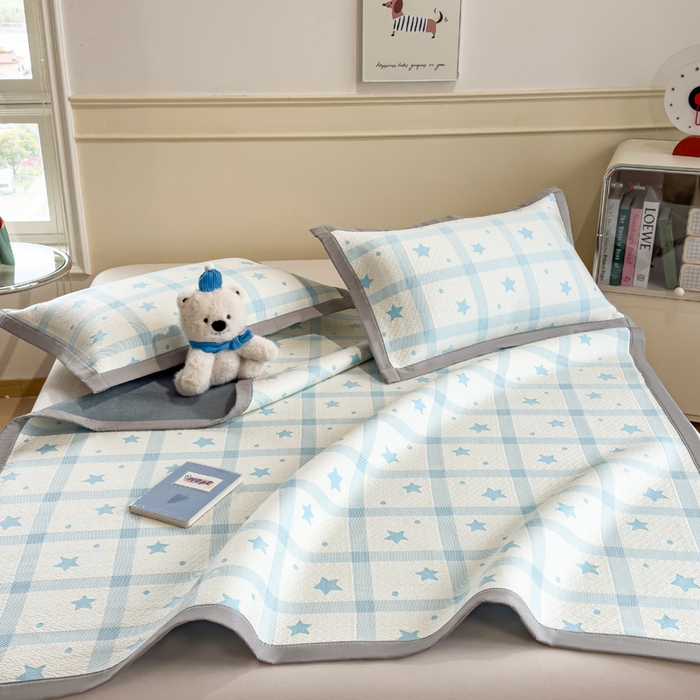 91家纺网 家纺一手货源 找家纺 摩妮卡 2026新款凉感提花冰豆豆复合凉席床席冰丝席三件套 星星点点-蓝