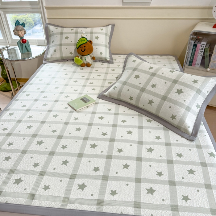 91家纺网 家纺一手货源 找家纺 摩妮卡 2026新款凉感提花冰豆豆复合凉席床席冰丝席三件套 星星点点-绿