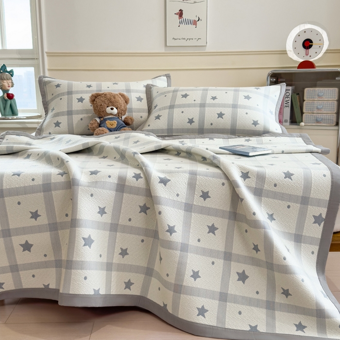 91家纺网 家纺一手货源 找家纺 摩妮卡 2026新款凉感提花冰豆豆复合凉席床席冰丝席三件套 星星点点-灰