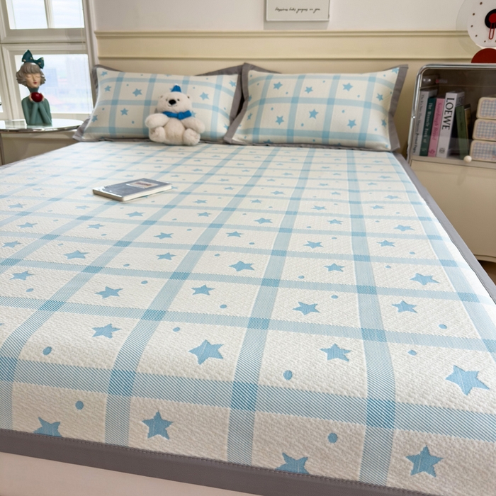 91家纺网 家纺一手货源 找家纺 摩妮卡 2026新款凉感提花冰豆豆复合凉席床席冰丝席三件套 星星点点-蓝