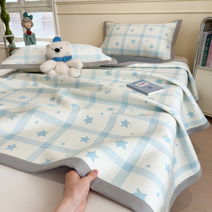 91家纺网 家纺一手货源 找家纺 摩妮卡 2026新款凉感提花冰豆豆复合凉席床席冰丝席三件套 星星点点-蓝