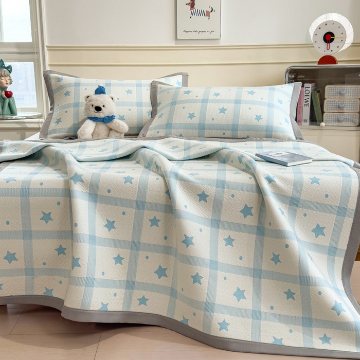 91家纺网 家纺一手货源 找家纺 摩妮卡 2026新款凉感提花冰豆豆复合凉席床席冰丝席三件套 星星点点-蓝