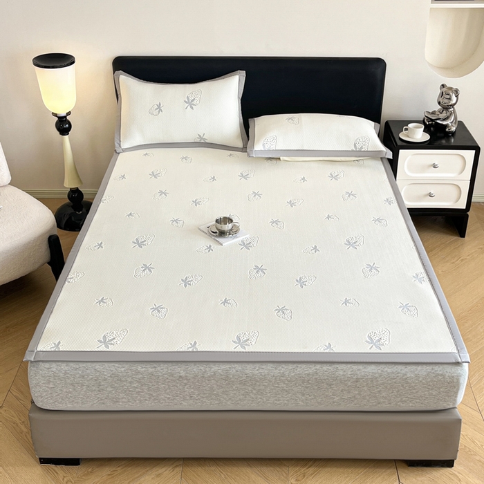 91家纺网 家纺一手货源 找家纺 摩妮卡 2026新款凉感提花冰豆豆复合凉席床席冰丝席三件套 冰豆豆-草莓