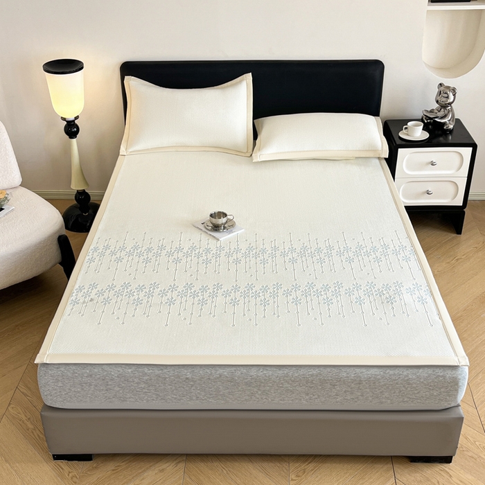 91家纺网 家纺一手货源 找家纺 摩妮卡 2026新款凉感提花冰豆豆复合凉席床席冰丝席三件套 冰豆豆-叶初