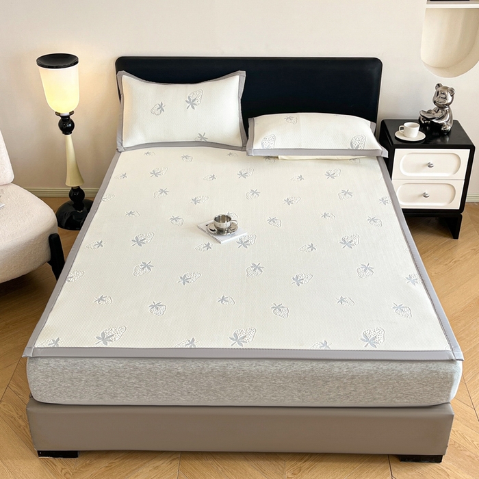 91家纺网 家纺一手货源 找家纺 摩妮卡 2026新款凉感提花冰豆豆复合凉席床席冰丝席三件套 冰豆豆-草莓