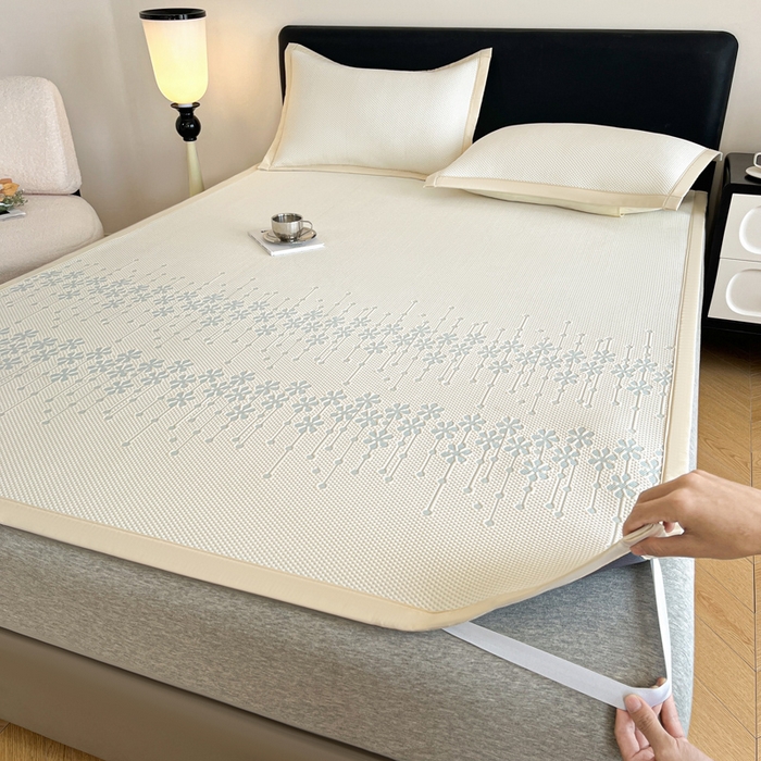 91家纺网 家纺一手货源 找家纺 摩妮卡 2026新款凉感提花冰豆豆复合凉席床席冰丝席三件套 冰豆豆-叶初