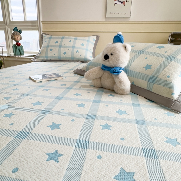 91家纺网 家纺一手货源 找家纺 摩妮卡 2026新款凉感提花冰豆豆复合凉席床席冰丝席三件套 星星点点-蓝