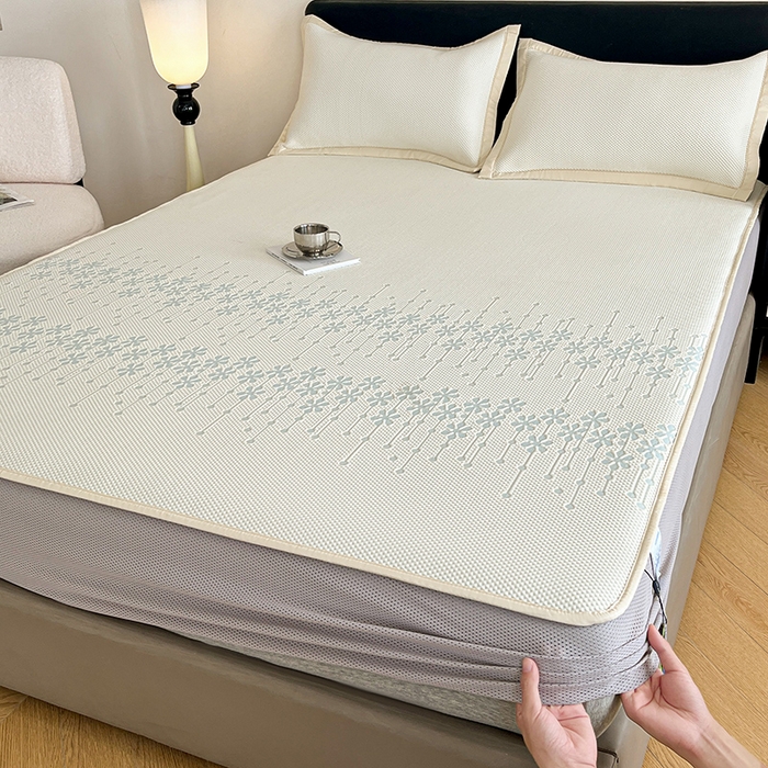 91家纺网 家纺一手货源 找家纺 摩妮卡 2026新款PE中分子凉感冰豆豆凉席三件套床笠三件套 冰豆豆-叶初