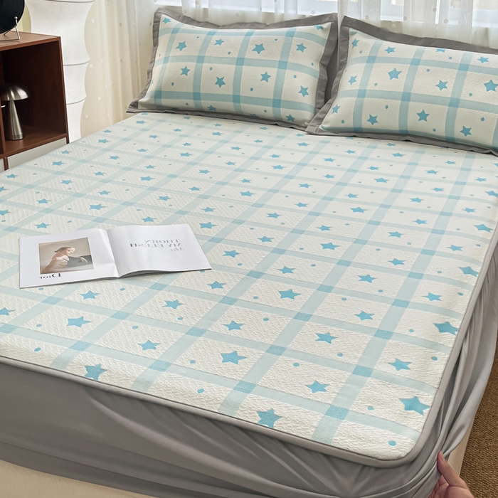 91家纺网 家纺一手货源 找家纺 摩妮卡 2026新款PE中分子凉感冰豆豆凉席三件套床笠三件套 心心相印-蓝