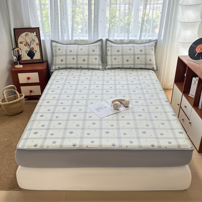 91家纺网 家纺一手货源 找家纺 摩妮卡 2026新款PE中分子凉感冰豆豆凉席三件套床笠三件套 心心相印-灰