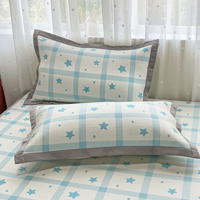 91家纺网 家纺一手货源 找家纺 摩妮卡 2026新款PE中分子凉感冰豆豆凉席三件套床笠三件套 心心相印-蓝