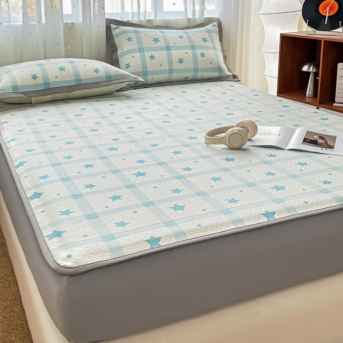 91家纺网 家纺一手货源 找家纺 摩妮卡 2026新款PE中分子凉感冰豆豆凉席三件套床笠三件套 心心相印-蓝