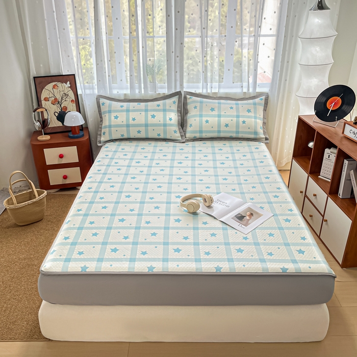 91家纺网 家纺一手货源 找家纺 摩妮卡 2026新款PE中分子凉感冰豆豆凉席三件套床笠三件套 心心相印-蓝