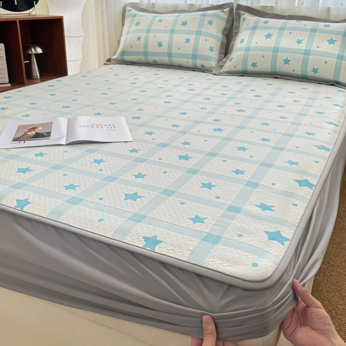 91家纺网 家纺一手货源 找家纺 摩妮卡 2026新款PE中分子凉感冰豆豆凉席三件套床笠三件套 心心相印-蓝