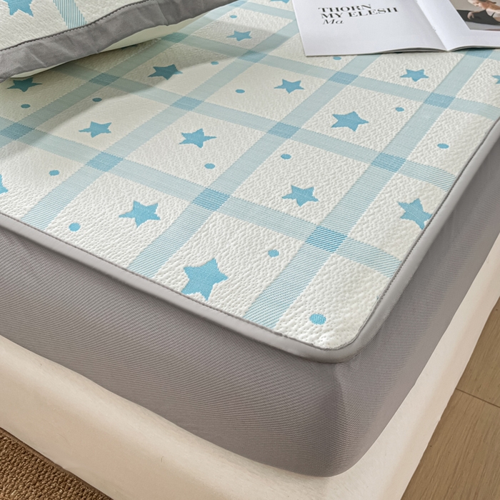 91家纺网 家纺一手货源 找家纺 摩妮卡 2026新款PE中分子凉感冰豆豆凉席三件套床笠三件套 心心相印-蓝