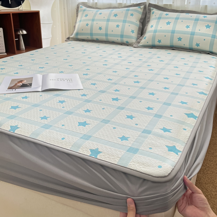 91家纺网 家纺一手货源 找家纺 摩妮卡 2026新款PE中分子凉感冰豆豆凉席三件套床笠三件套 心心相印-蓝