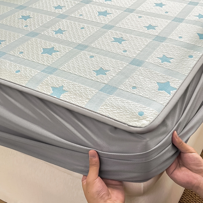 91家纺网 家纺一手货源 找家纺 摩妮卡 2026新款PE中分子凉感冰豆豆凉席三件套床笠三件套 心心相印-蓝