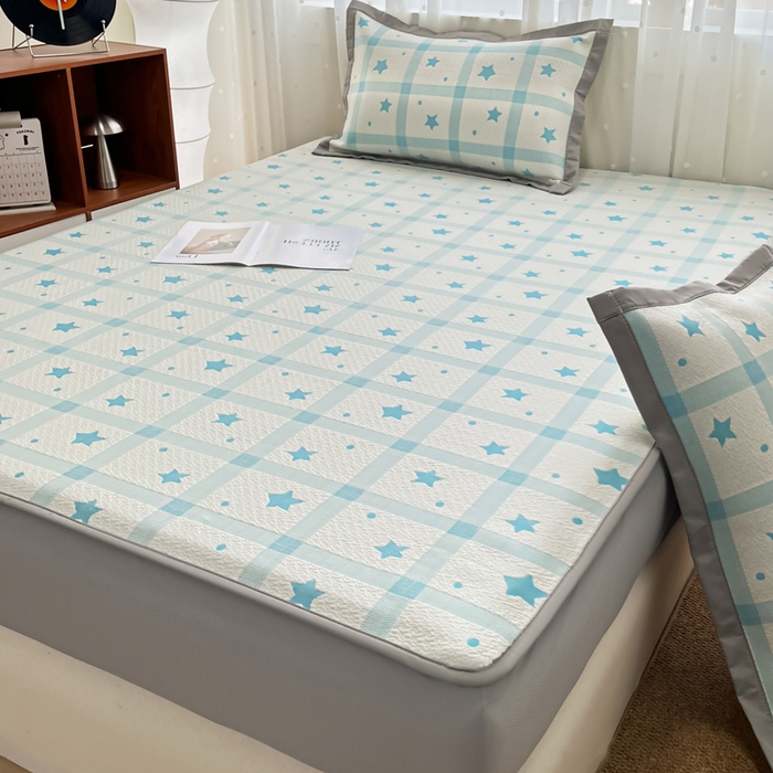 91家纺网 家纺一手货源 找家纺 摩妮卡 2026新款PE中分子凉感冰豆豆凉席三件套床笠三件套 心心相印-蓝