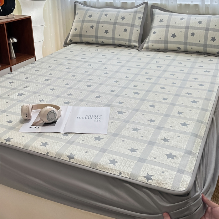 91家纺网 家纺一手货源 找家纺 摩妮卡 2026新款PE中分子凉感冰豆豆凉席三件套床笠三件套 心心相印-灰