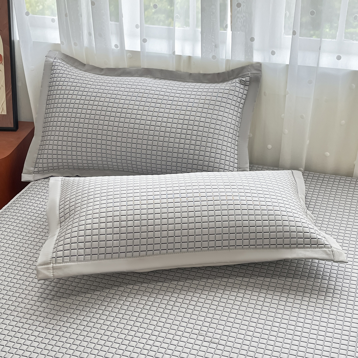 91家纺网 家纺一手货源 找家纺 摩妮卡 2026新款豆豆凉席PE高分子凉感床笠软席冰丝席三件套 几何花境-灰