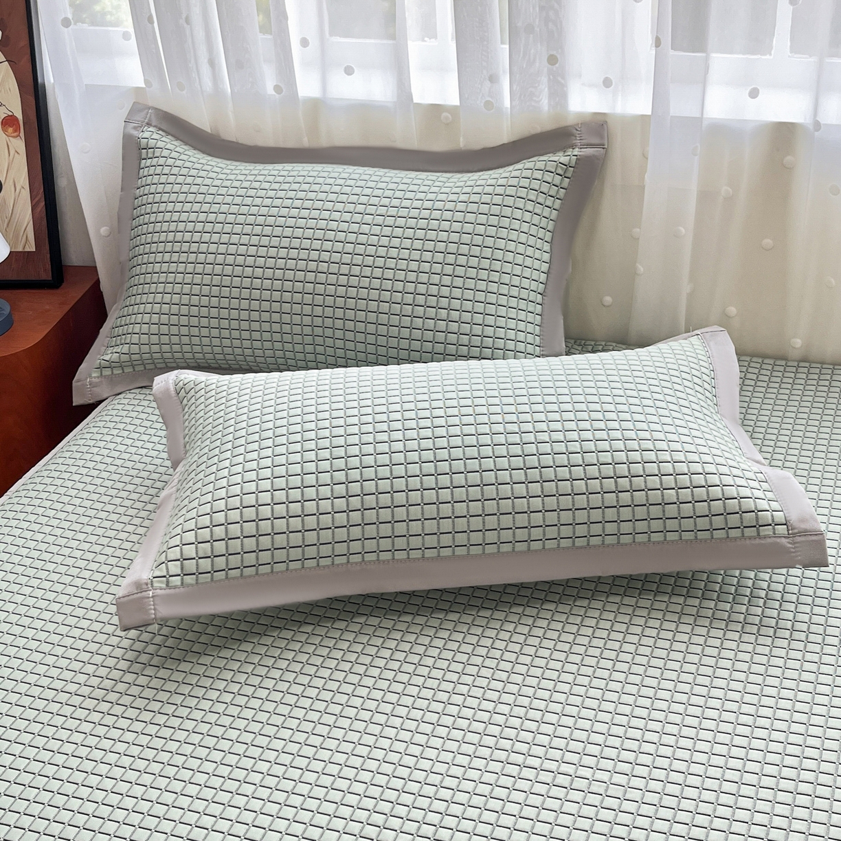 91家纺网 家纺一手货源 找家纺 摩妮卡 2026新款豆豆凉席PE高分子凉感床笠软席冰丝席三件套 几何花境-绿