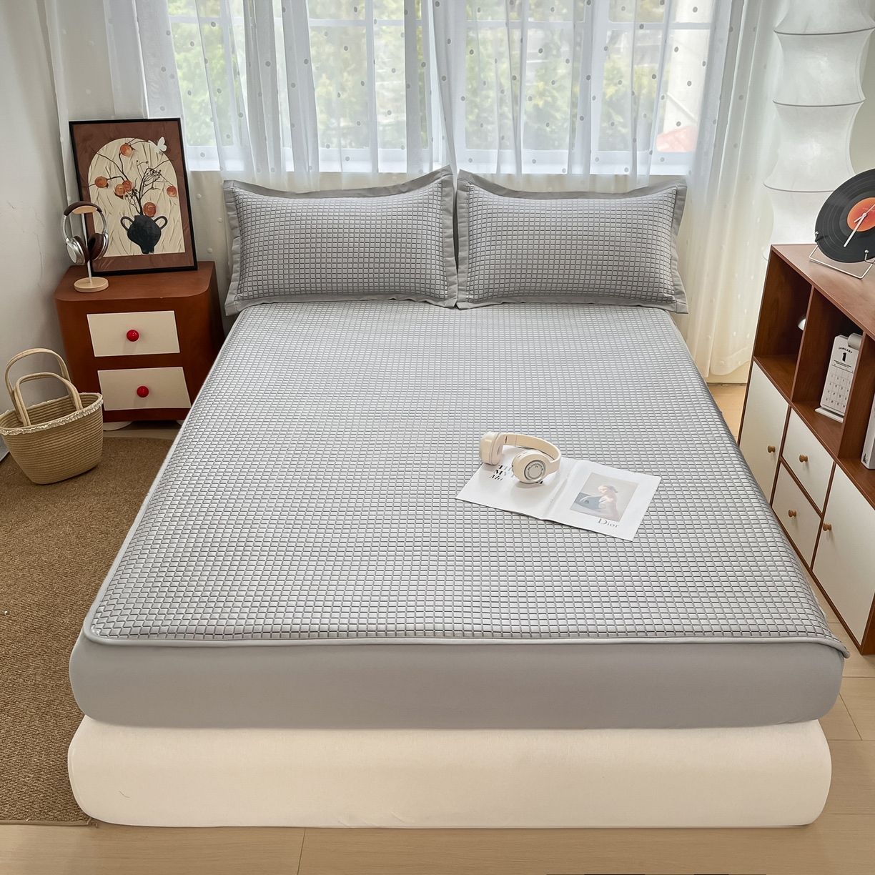 91家纺网 家纺一手货源 找家纺 摩妮卡 2026新款豆豆凉席PE高分子凉感床笠软席冰丝席三件套 几何花境-灰