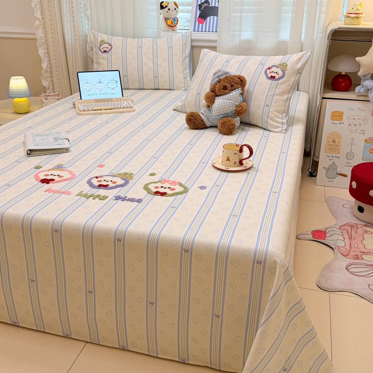 91家纺网 家纺一手货源 找家纺 眠博士 2026新款全棉纯棉老粗布毛巾绣床单床单单件单品床单 老粗布床单-爱心云朵派
