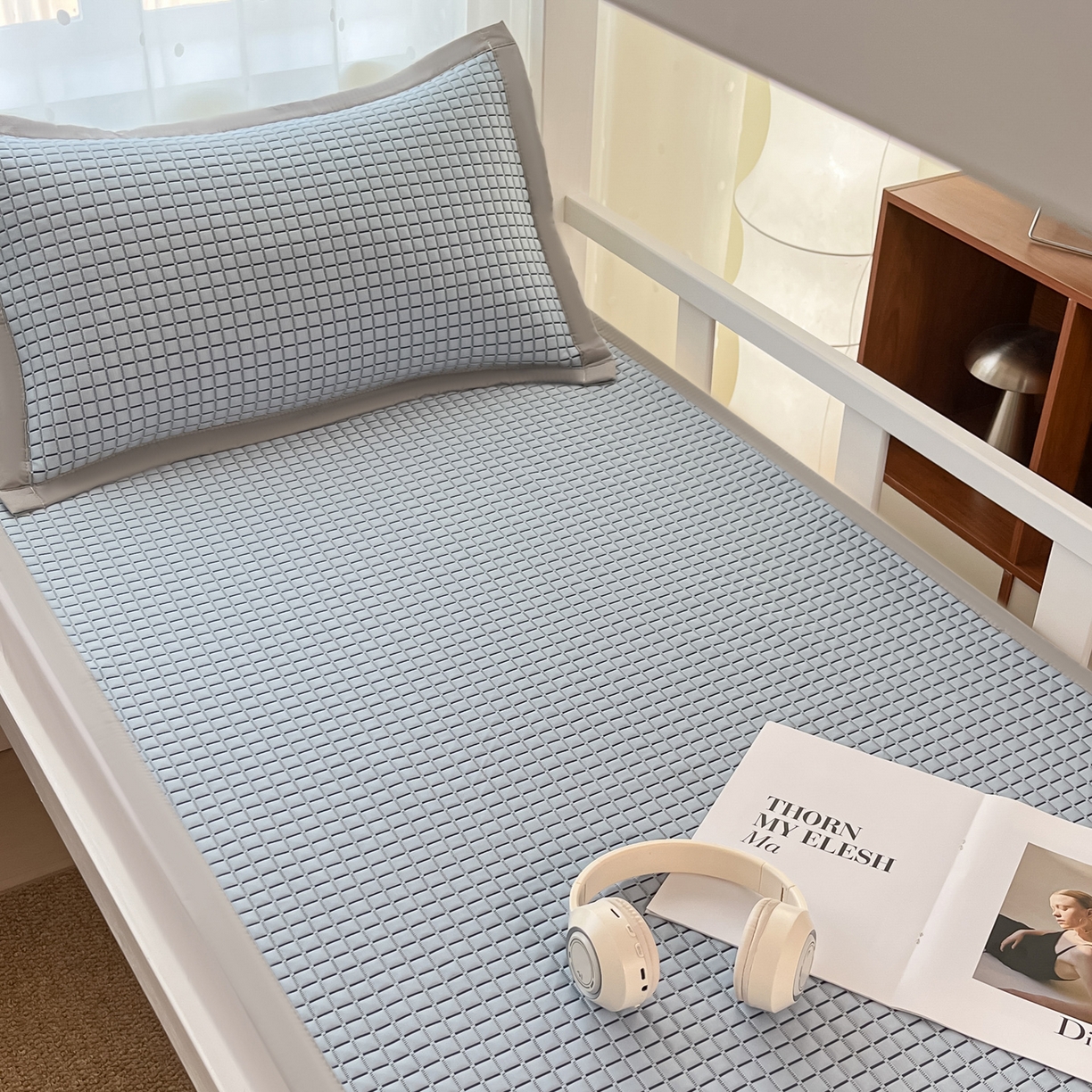 摩妮卡 2026新款豆豆冰丝席PE高分子凉感学生床软席凉席上下铺三件套 序格-浅蓝