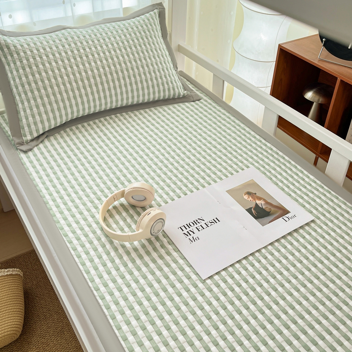 摩妮卡 2026新款豆豆冰丝席PE高分子凉感学生床软席凉席上下铺三件套 格韵-白绿