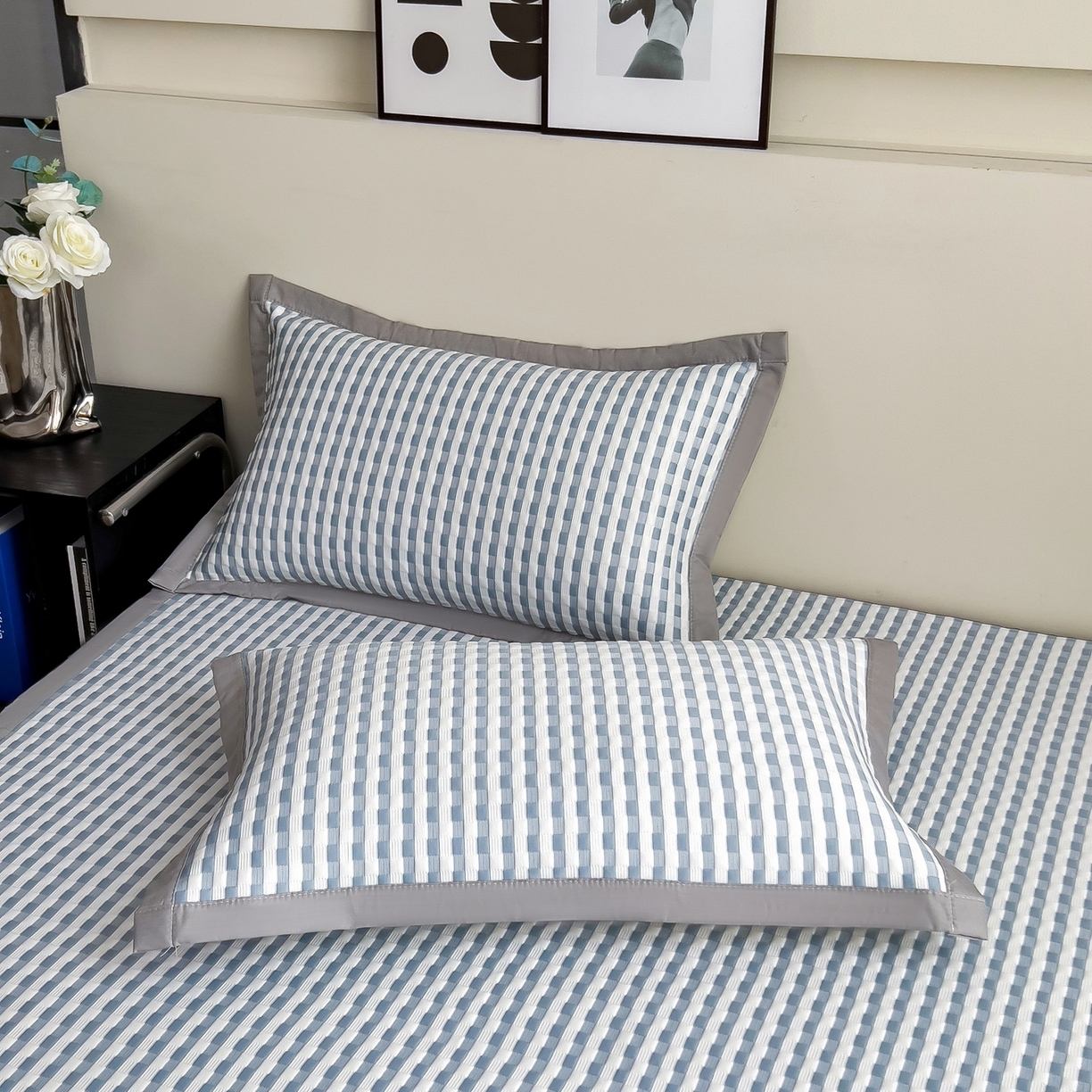 91家纺网 家纺一手货源 找家纺 （总）摩妮卡 2026新款PE高分子凉感值过0.25格子豆豆软席三件套冰丝席-床席款