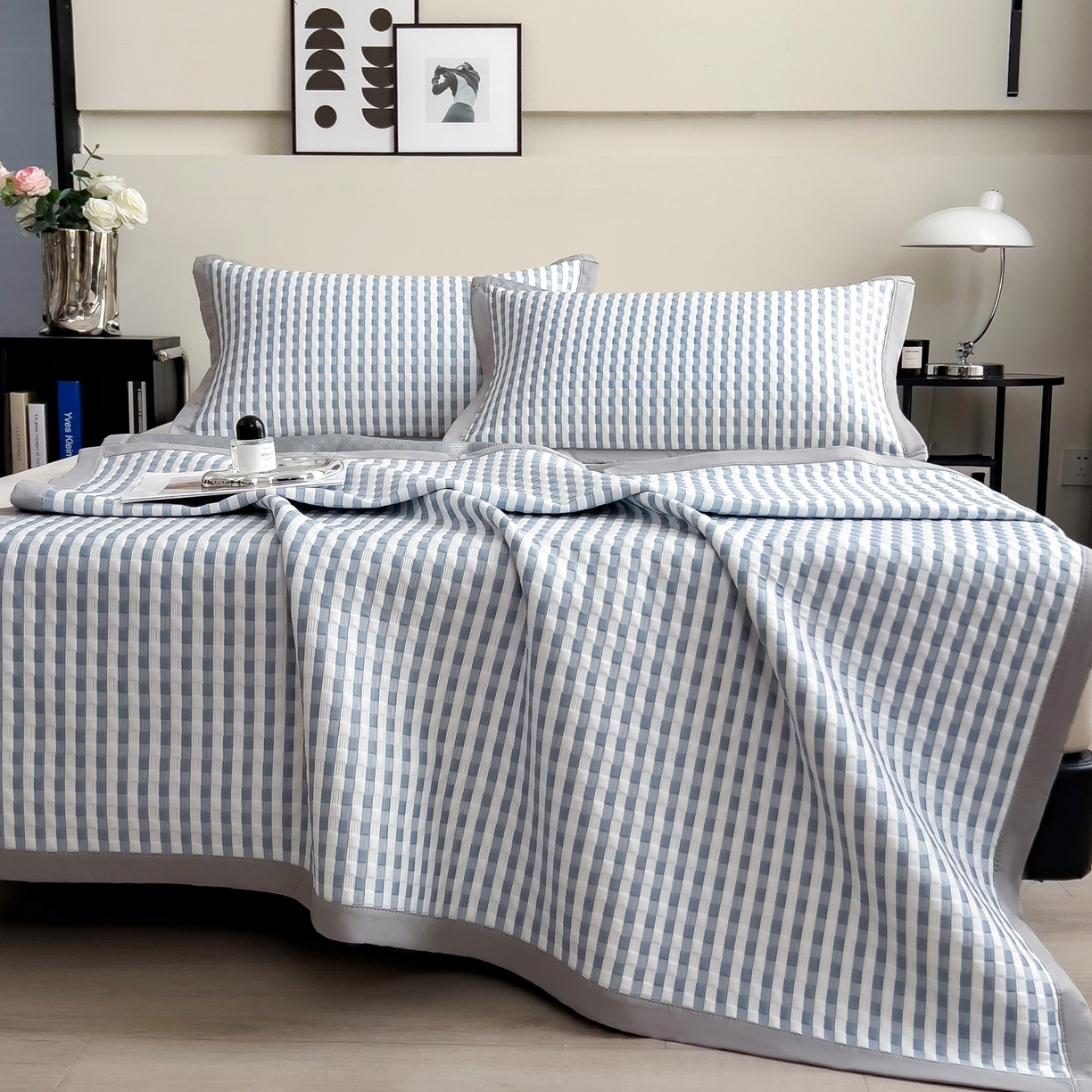 91家纺网 家纺一手货源 找家纺 （总）摩妮卡 2026新款PE高分子凉感值过0.25格子豆豆软席三件套冰丝席-床席款