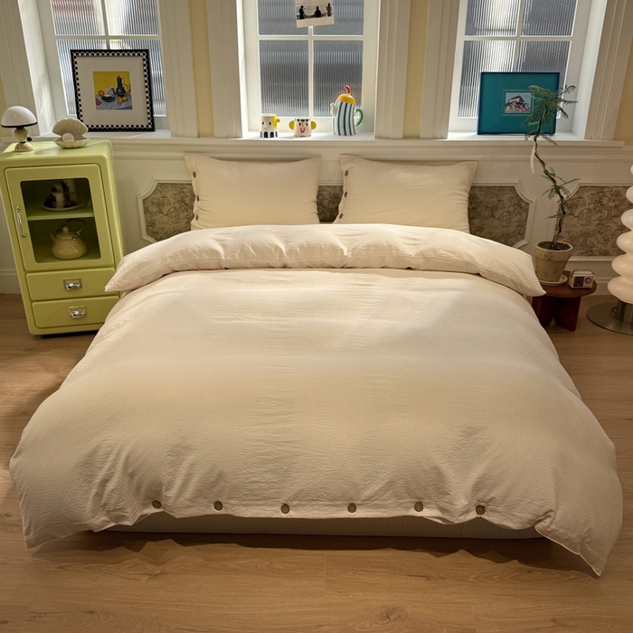 91家纺网 家纺一手货源 找家纺 水墨江南 2026新款无印风水洗提花纽扣款四件套 蜜粉条-黄