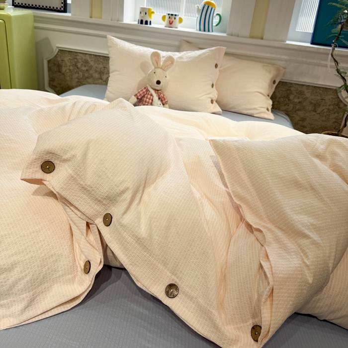 91家纺网 家纺一手货源 找家纺 水墨江南 2026新款无印风水洗提花纽扣款四件套 蜜粉条-蓝