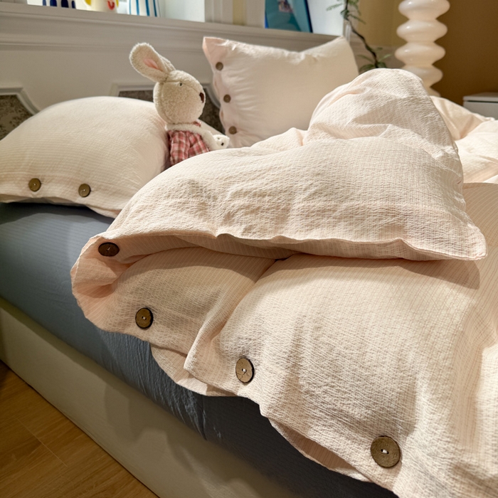 水墨江南 2026新款无印风水洗提花纽扣款四件套 蜜粉条-蓝