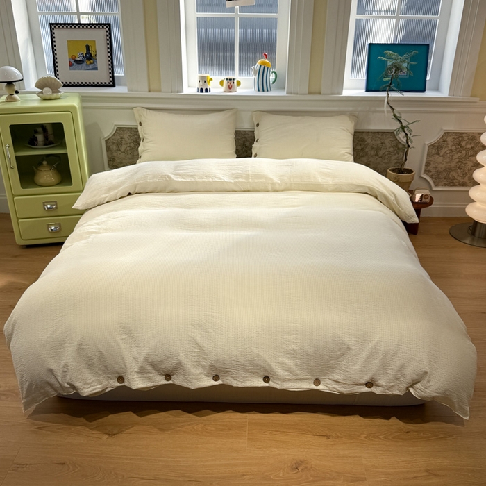 91家纺网 家纺一手货源 找家纺 水墨江南 2026新款无印风水洗提花纽扣款四件套 柠檬细条