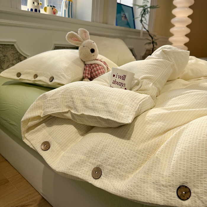 水墨江南 2026新款无印风水洗提花纽扣款四件套 柠檬细条