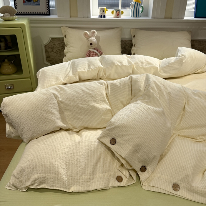 91家纺网 家纺一手货源 找家纺 水墨江南 2026新款无印风水洗提花纽扣款四件套 柠檬细条