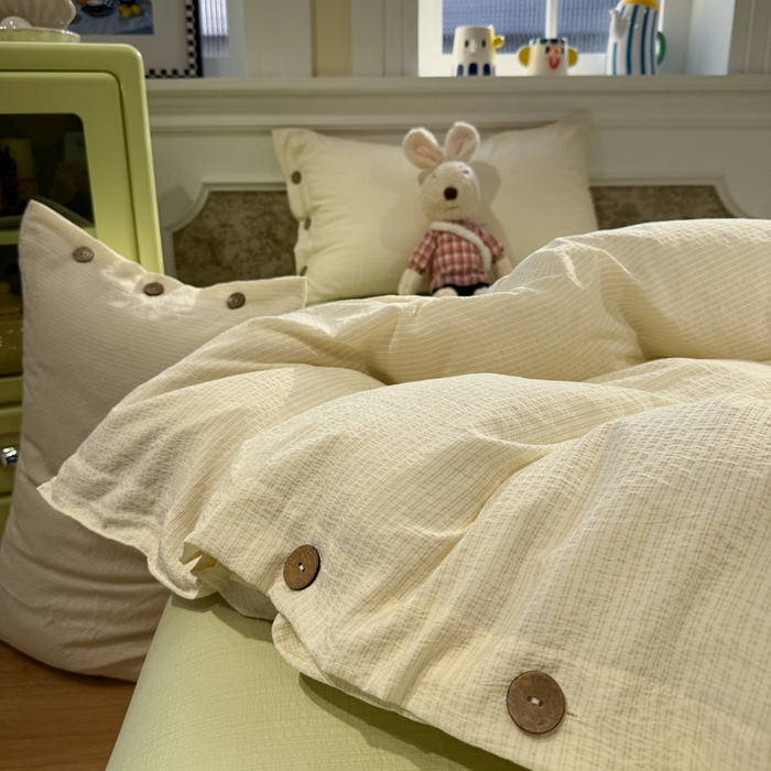 91家纺网 家纺一手货源 找家纺 水墨江南 2026新款无印风水洗提花纽扣款四件套 柠檬细条