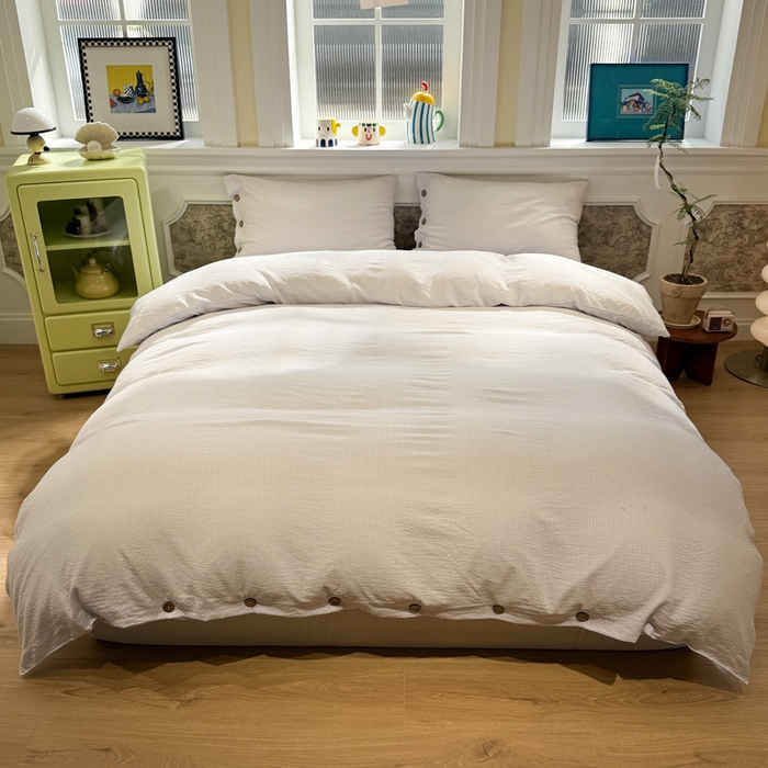 91家纺网 家纺一手货源 找家纺 水墨江南 2026新款无印风水洗提花纽扣款四件套 芋泥紫条