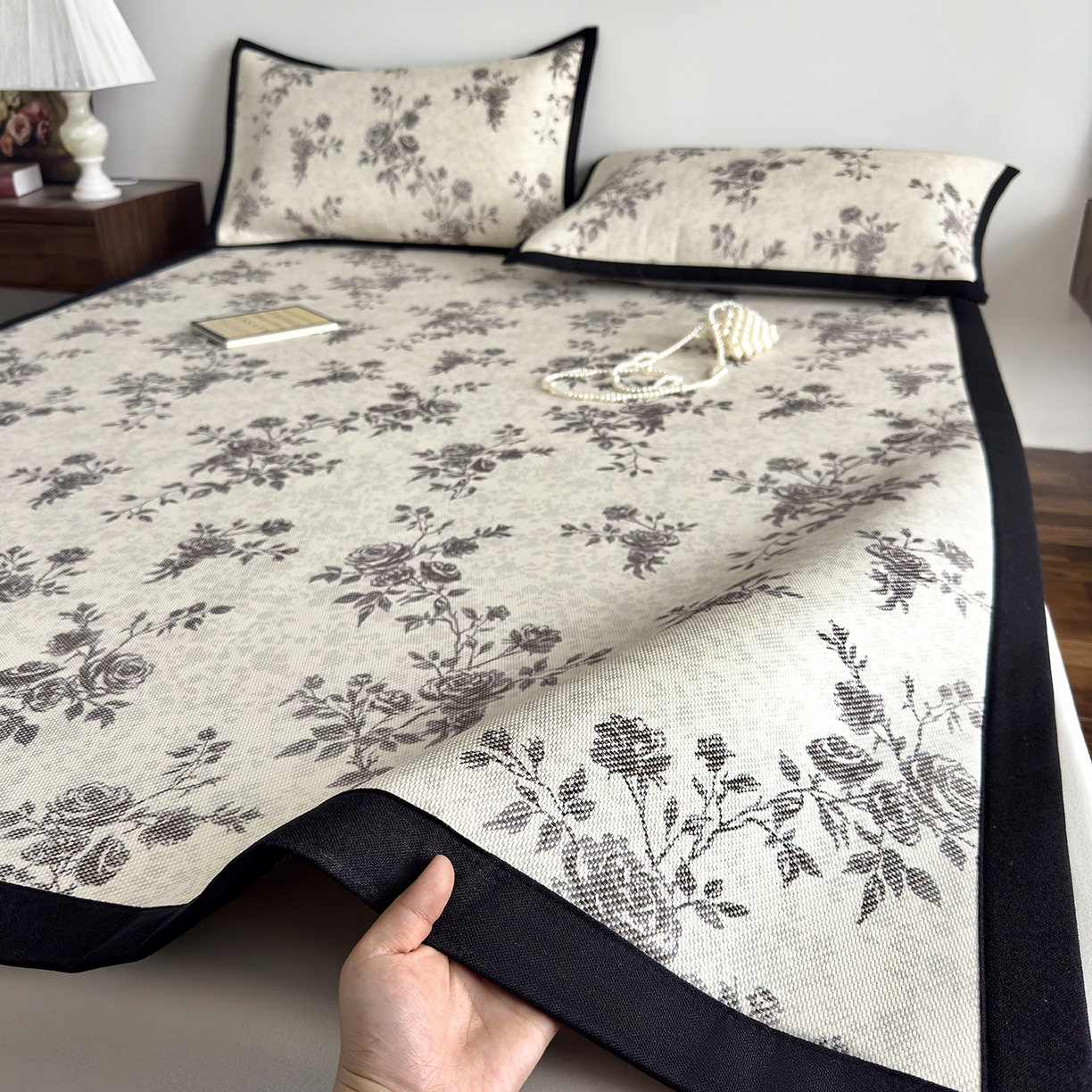 圣比熊 2026新款高织密高品质印花冰藤凉席席子三件套 复古玫瑰-床席款