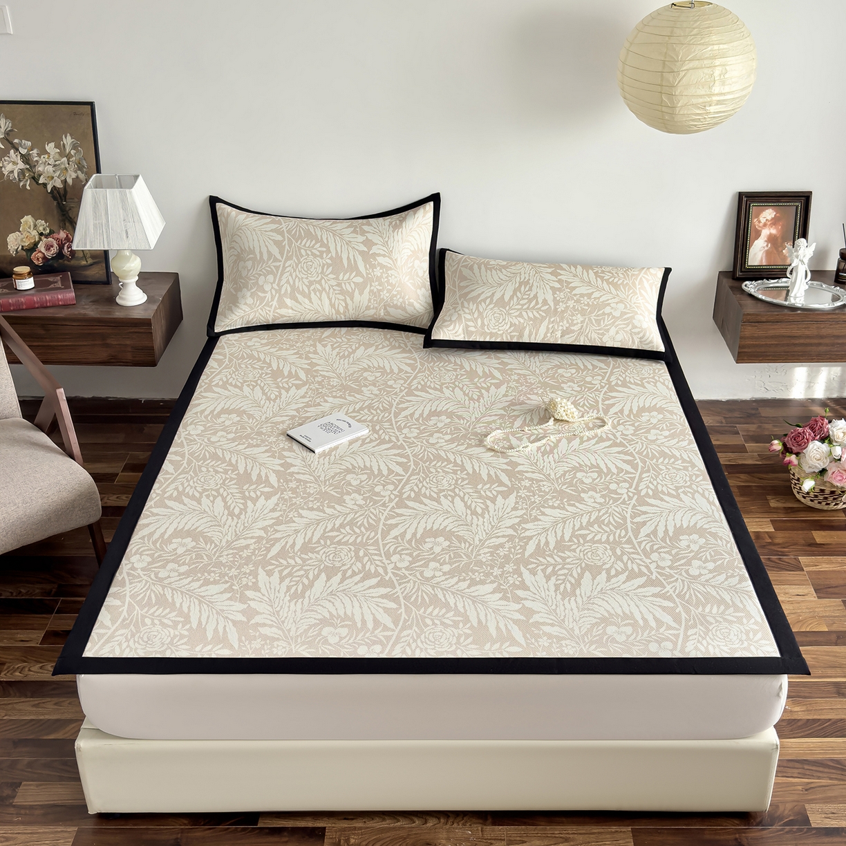 圣比熊 2026新款高织密高品质印花冰藤凉席席子三件套 卡其叶纹-床席款