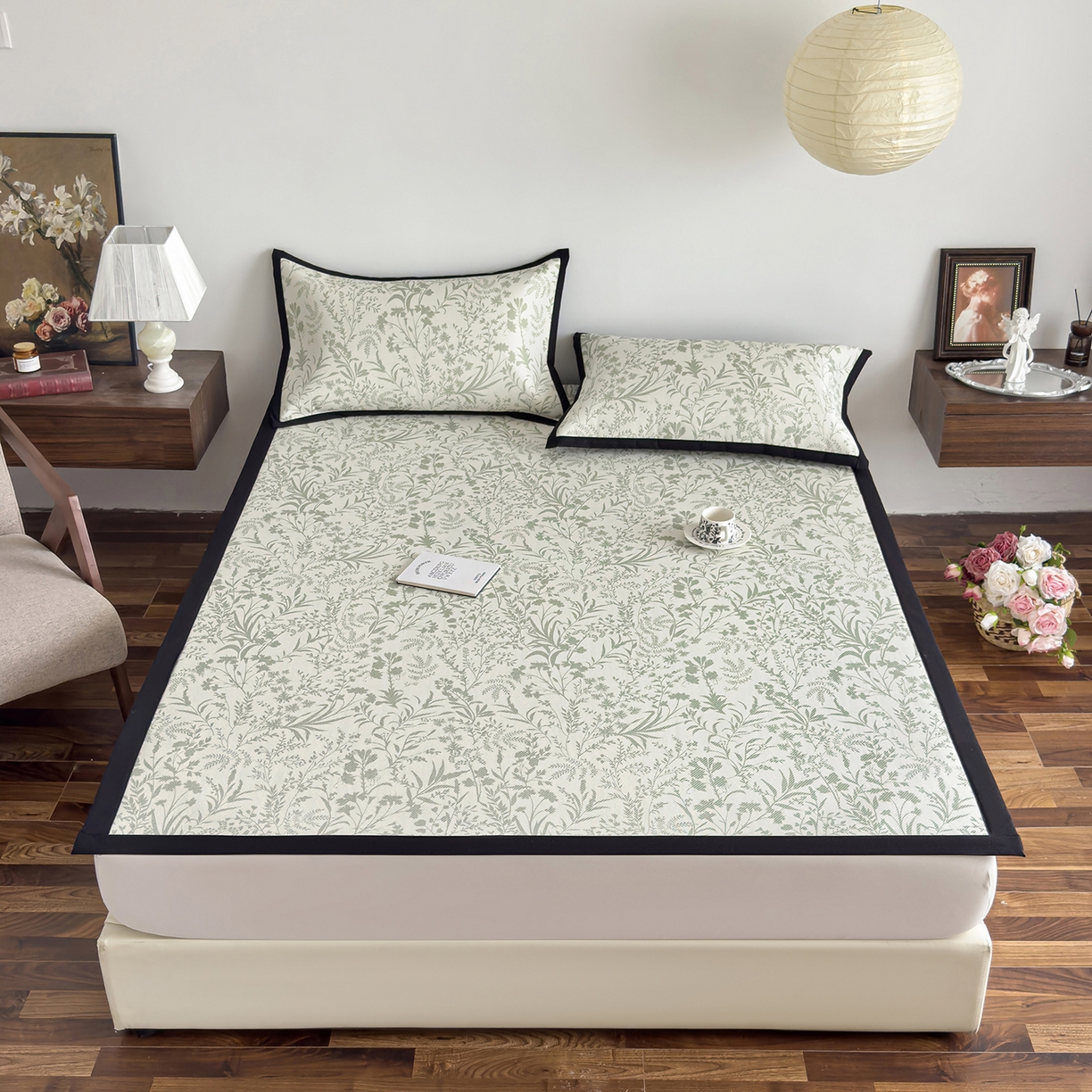 91家纺网 家纺一手货源 找家纺 圣比熊 2026新款高织密高品质印花冰藤凉席席子三件套 浅绿山野-床席款