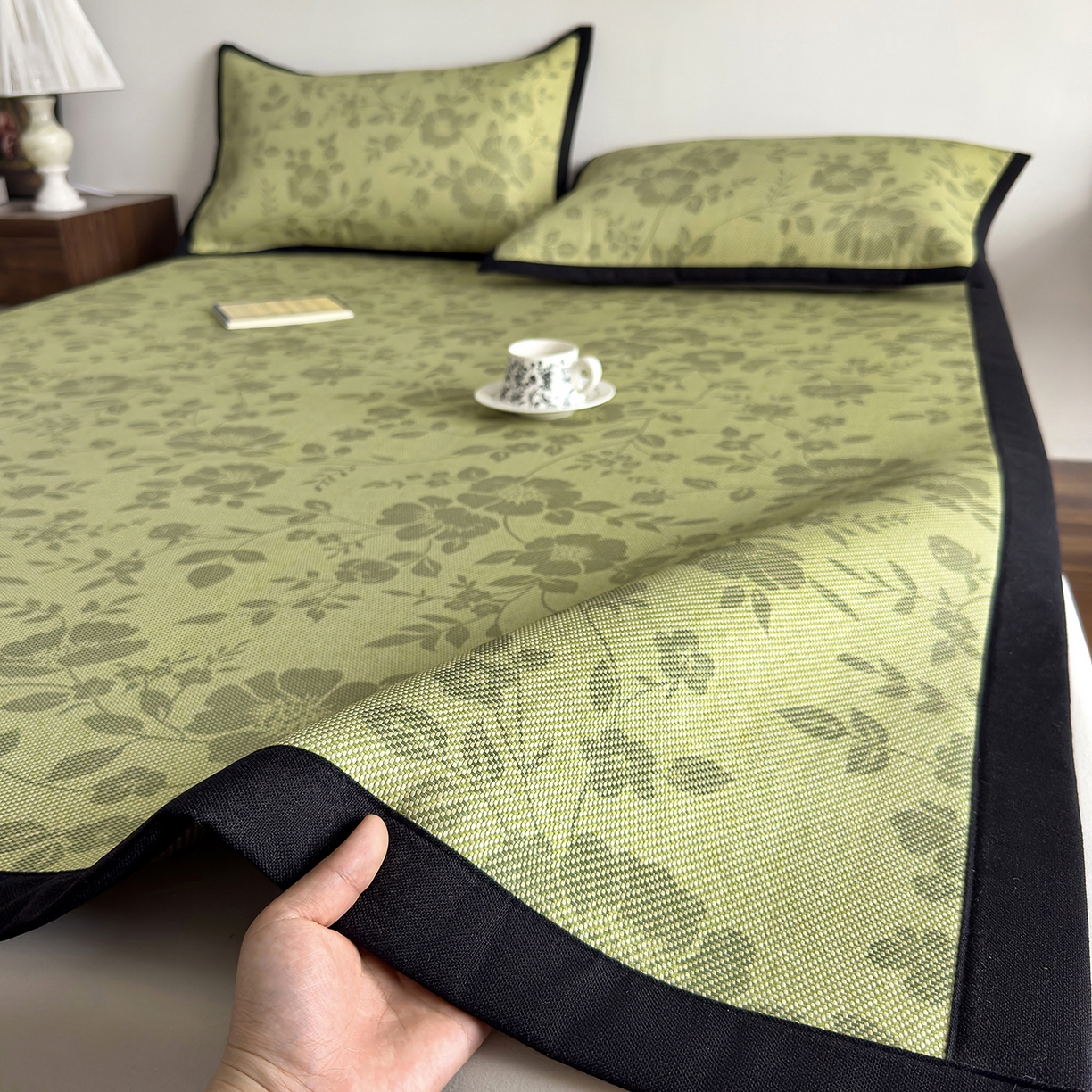 圣比熊 2026新款高织密高品质印花冰藤凉席席子三件套 苔青花屿-床席款