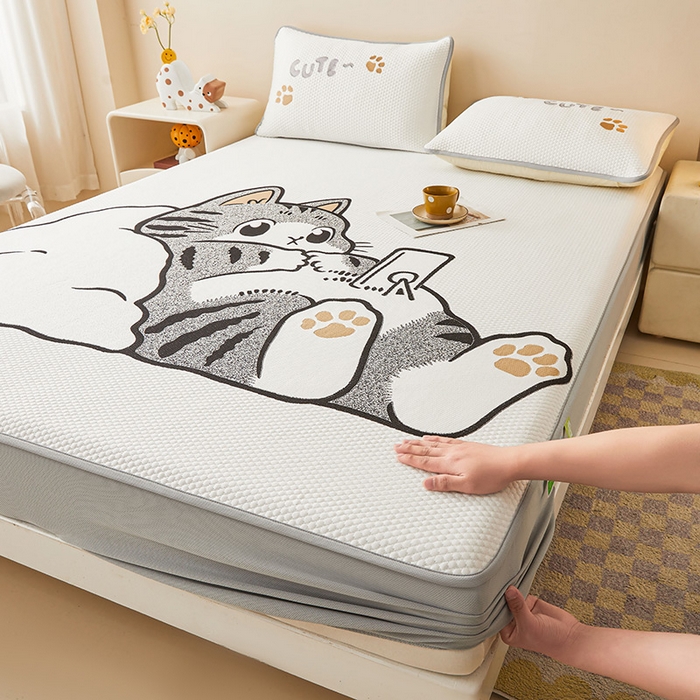 91家纺网 家纺一手货源 找家纺 （总）好儿喜家纺 2026新款新款萌猫凉席席子床笠