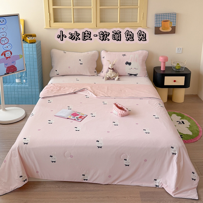 桃子家居 2026新款A类小清新卡通数码印花混搭小冰皮夏被夏凉被空调被席子凉席四件套 小冰皮-软萌兔兔