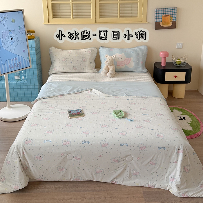 桃子家居 2026新款A类小清新卡通数码印花混搭小冰皮夏被夏凉被空调被席子凉席四件套 小冰皮-夏日小狗