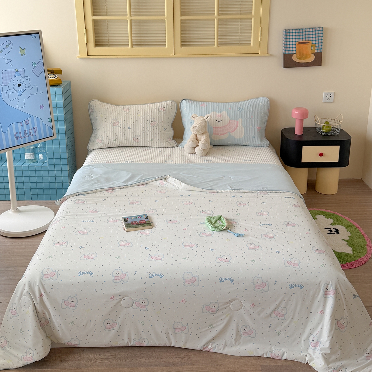 91家纺网 家纺一手货源 找家纺 桃子家居 2026新款A类小清新卡通数码印花混搭小冰皮夏被夏凉被空调被席子凉席四件套 小冰皮-夏日小狗