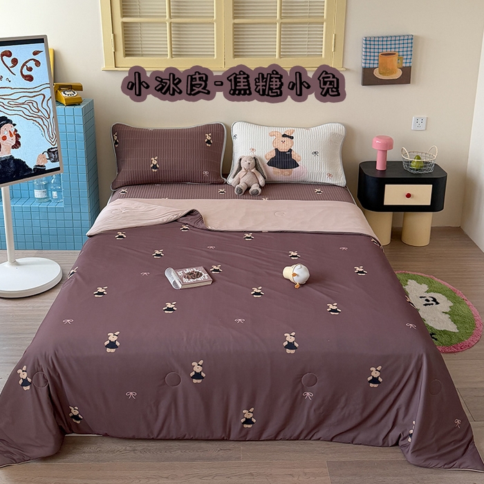 桃子家居 2026新款A类小清新卡通数码印花混搭小冰皮夏被夏凉被空调被席子凉席四件套 小冰皮-焦糖小兔
