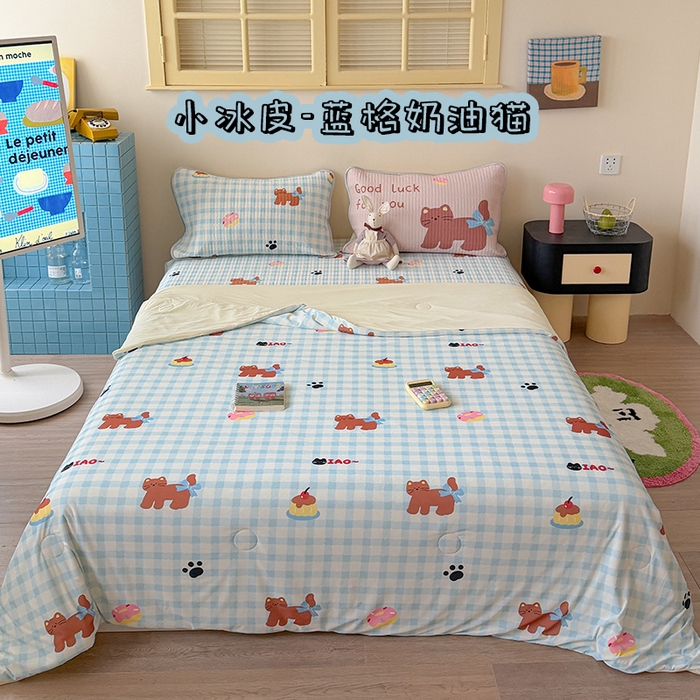 桃子家居 2026新款A类小清新卡通数码印花混搭小冰皮夏被夏凉被空调被席子凉席四件套 小冰皮-蓝格奶油猫