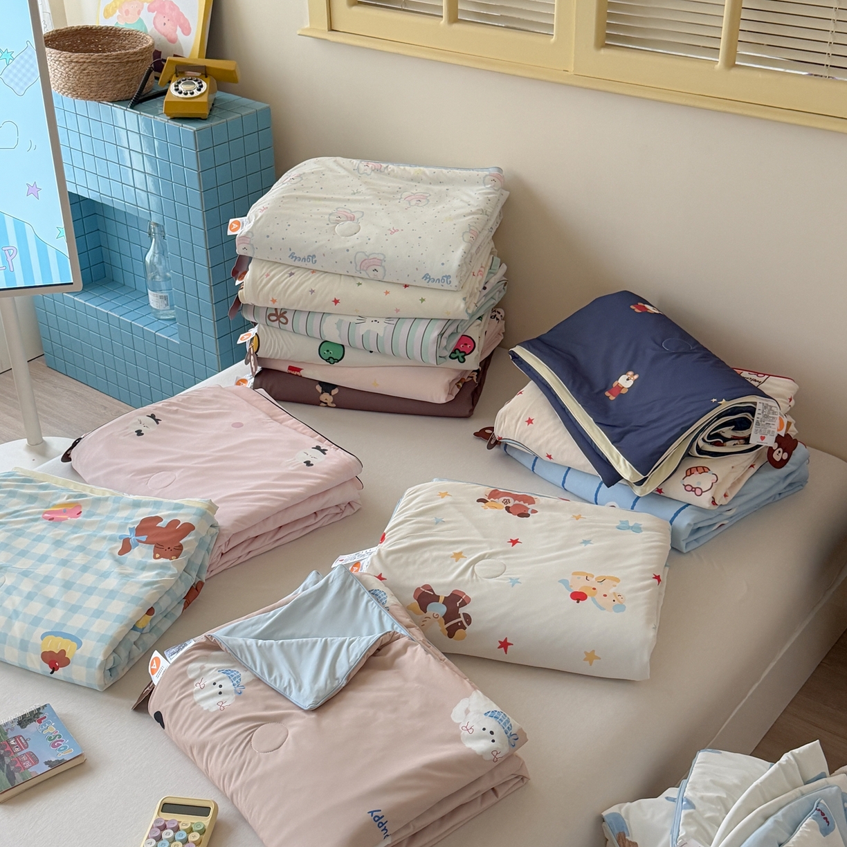 （总）桃子家居 2026新款A类小清新卡通数码印花混搭小冰皮夏被夏凉被空调被席子凉席四件套